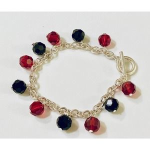 Red & Black Glass Beads Silver Toggle Bracelet